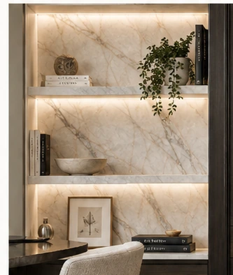 Calacatta Gold used as an illuminated built-in bookcase backing