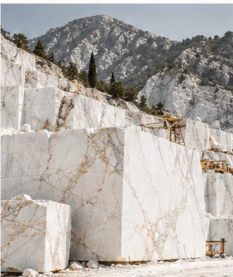 Illustrative view of the Carrara marble landscape associated with Calacatta Gold